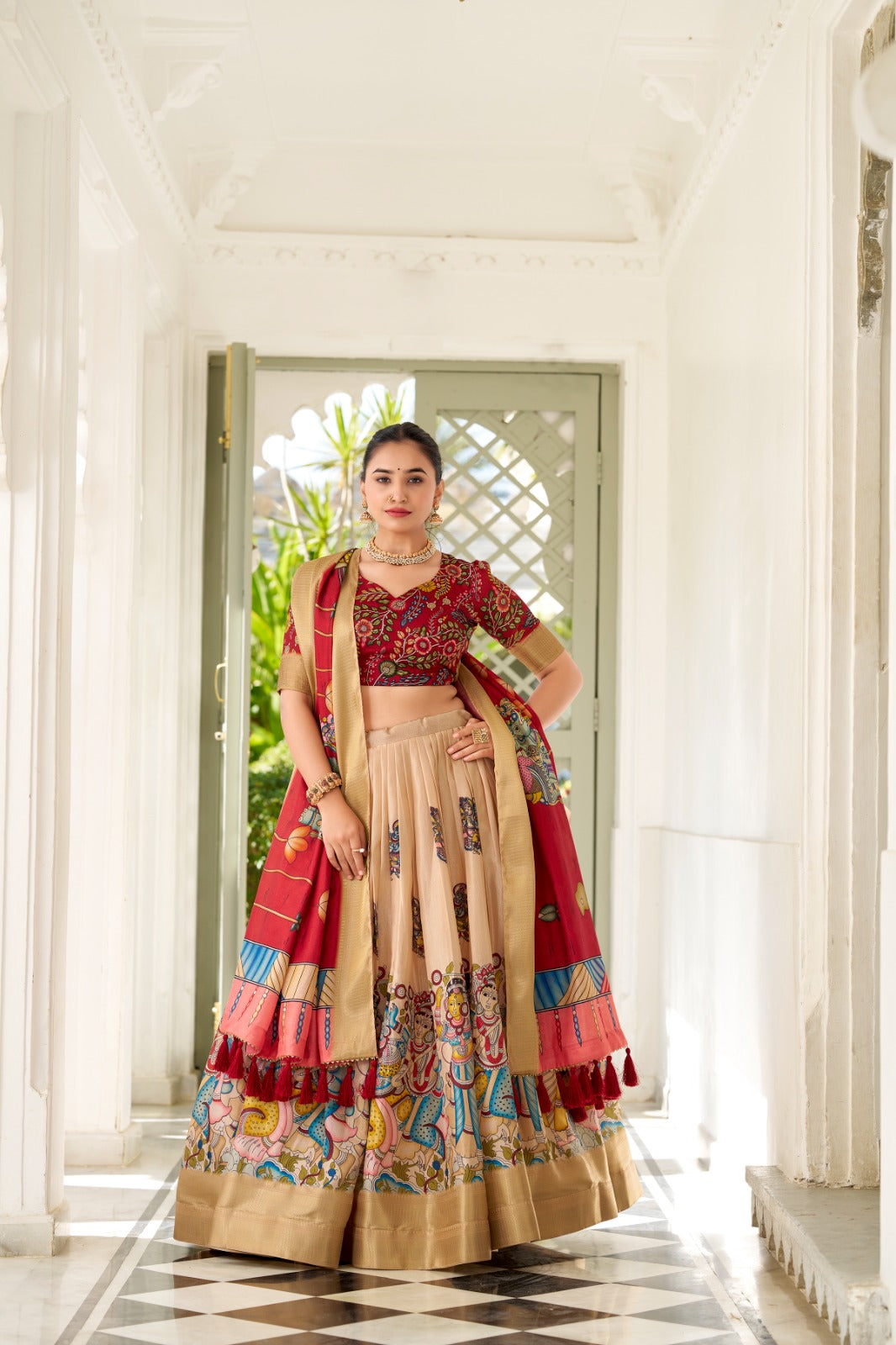 Spectacular Dola Silk Kalamkari Printed Lehenga Choli Set - Ethnicwish