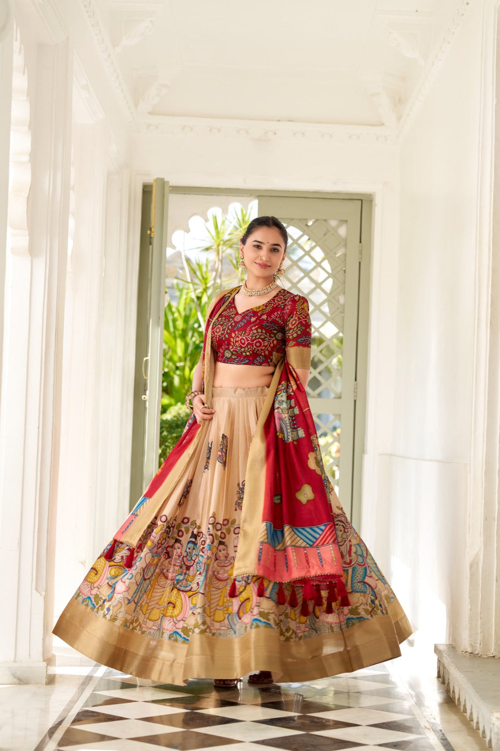 Spectacular Dola Silk Kalamkari Printed Lehenga Choli Set - Ethnicwish