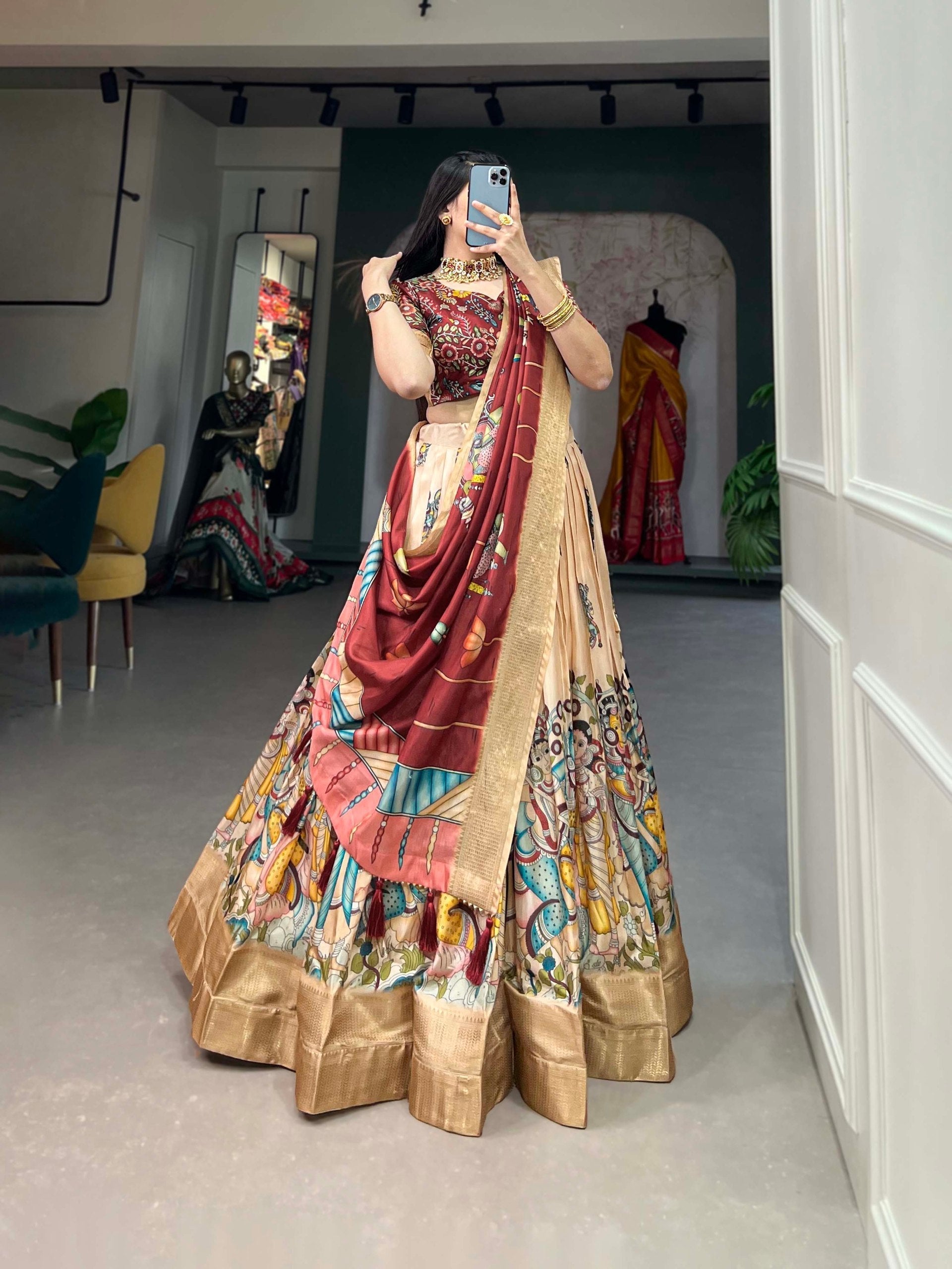 Spectacular Dola Silk Kalamkari Printed Lehenga Choli Set - Ethnicwish