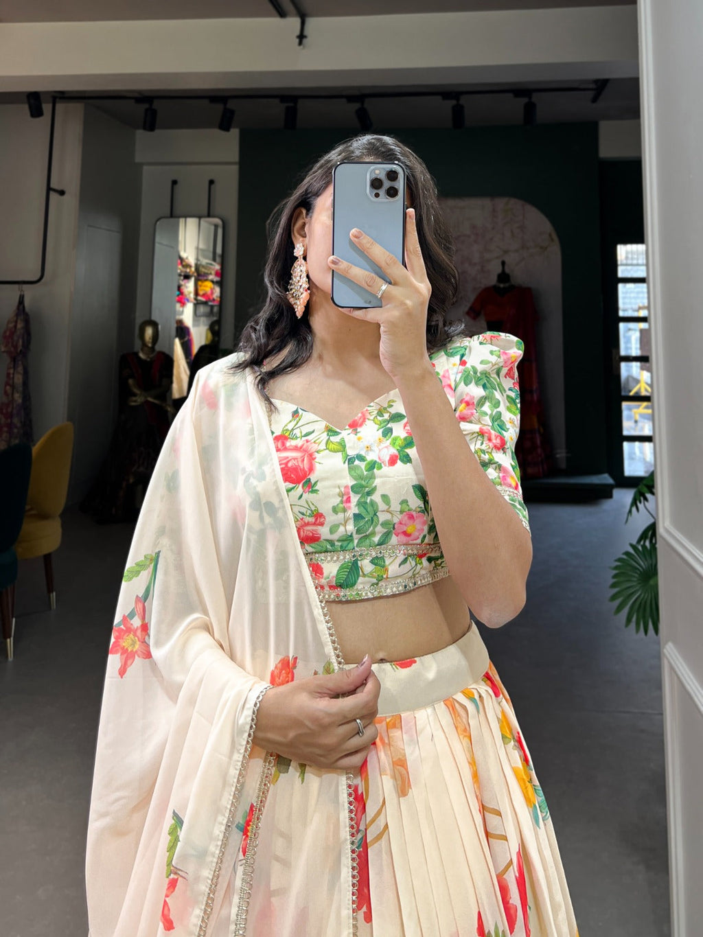 Fetching Cream Georgette Floral Printed Lehenga Choli Set - Ethnicwish