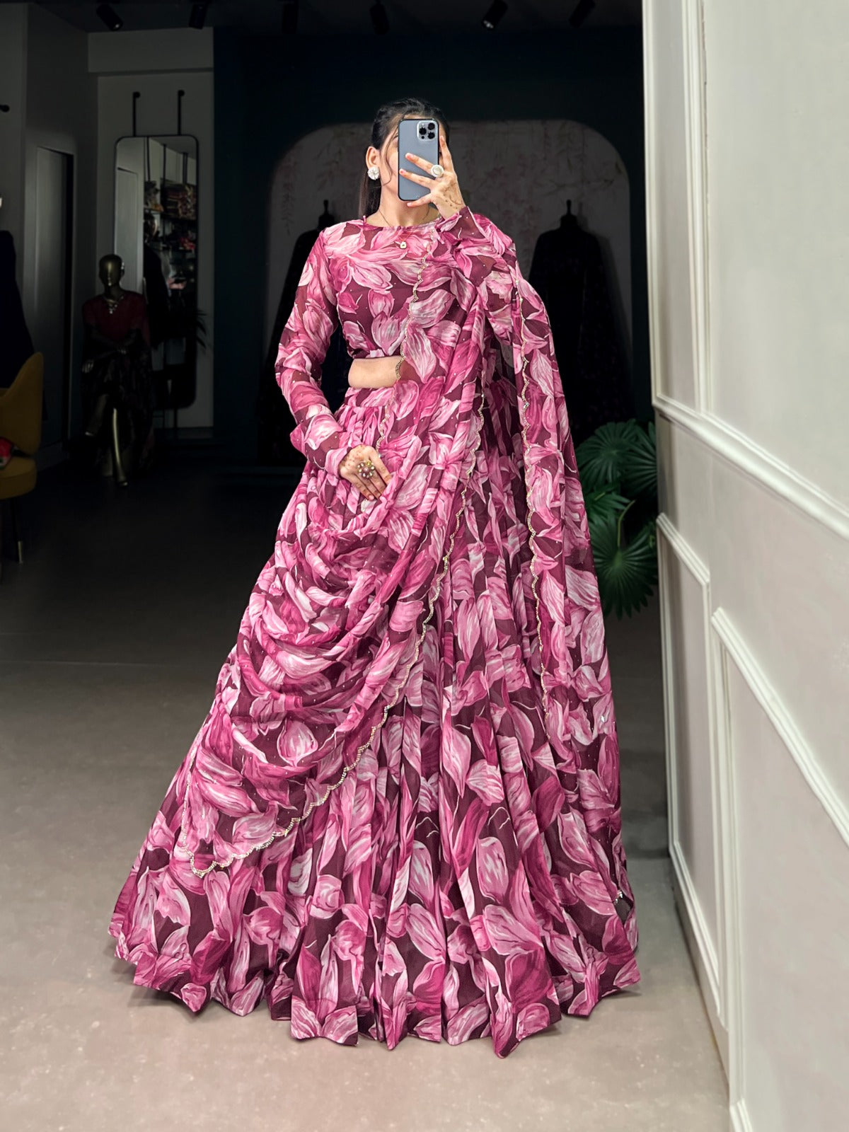 Spellbinding Tabby Silk Printed Hotfix Worked Lehenga Choli - Ethnicwish