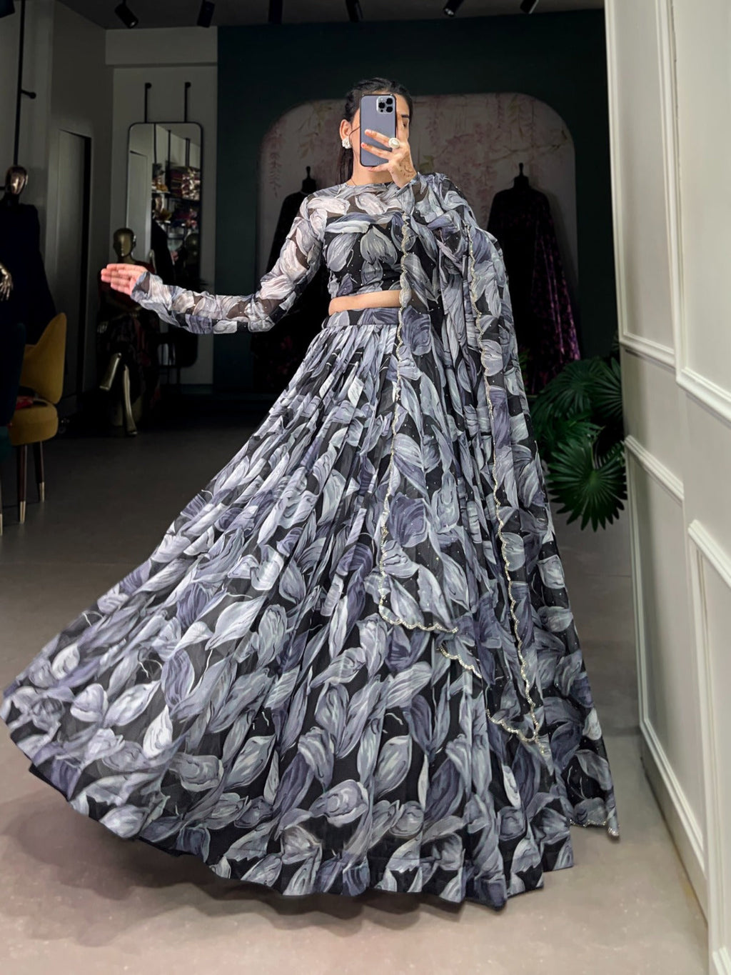 Spellbinding Tabby Silk Printed Hotfix Worked Lehenga Choli - Ethnicwish