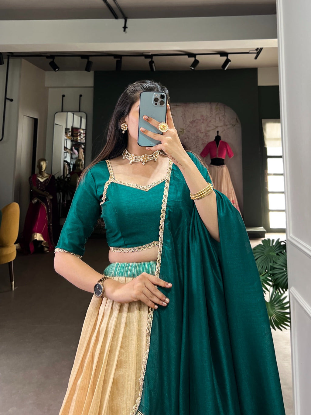 Elegant Silk Printed lace Border Worked Stitched Lehenga Choli - Ethnicwish