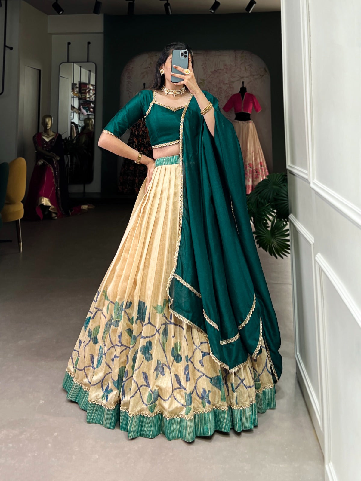 Elegant Silk Printed lace Border Worked Stitched Lehenga Choli - Ethnicwish