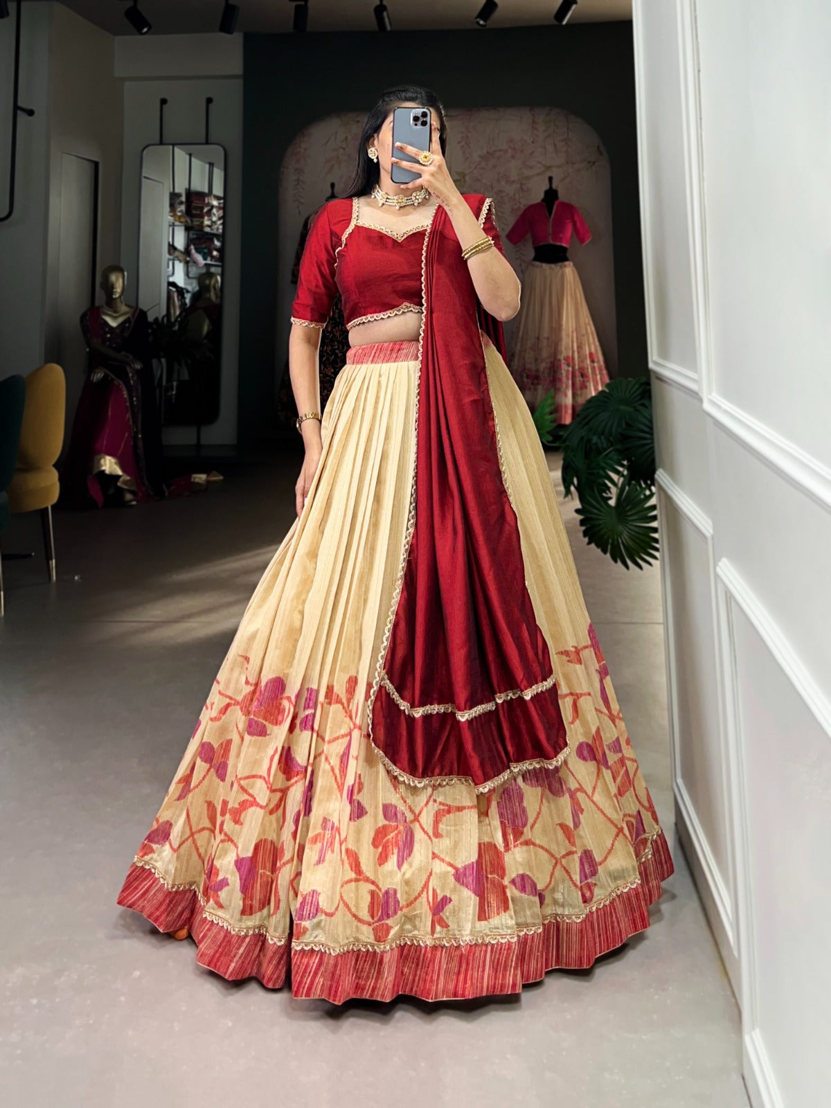 Elegant Silk Printed lace Border Worked Stitched Lehenga Choli - Ethnicwish