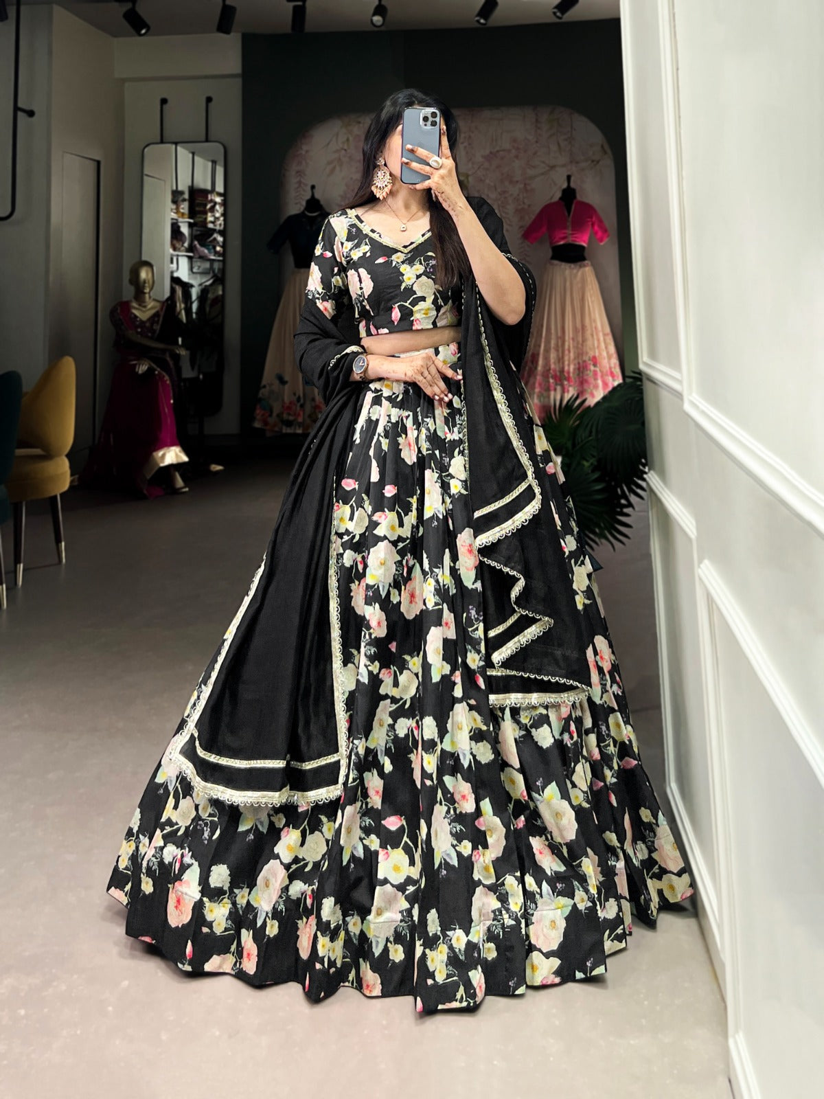 Breathtaking Black Tussar Silk Floral Digital Printed Lehenga Choli - Ethnicwish