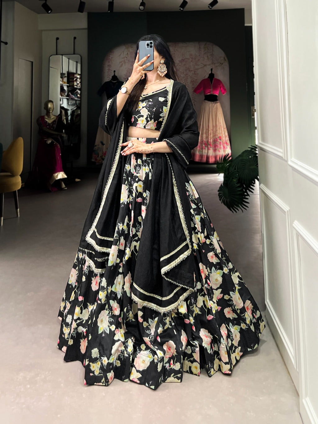 Breathtaking Black Tussar Silk Floral Digital Printed Lehenga Choli - Ethnicwish