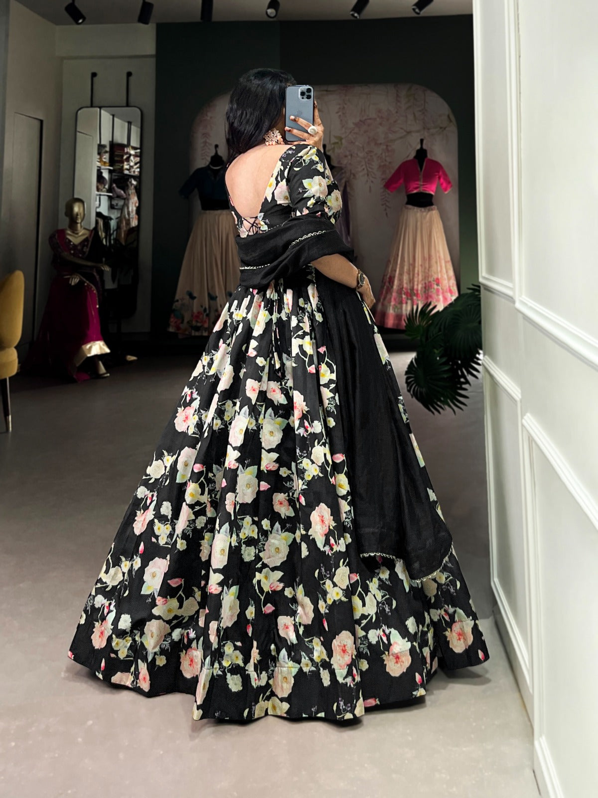 Breathtaking Black Tussar Silk Floral Digital Printed Lehenga Choli - Ethnicwish