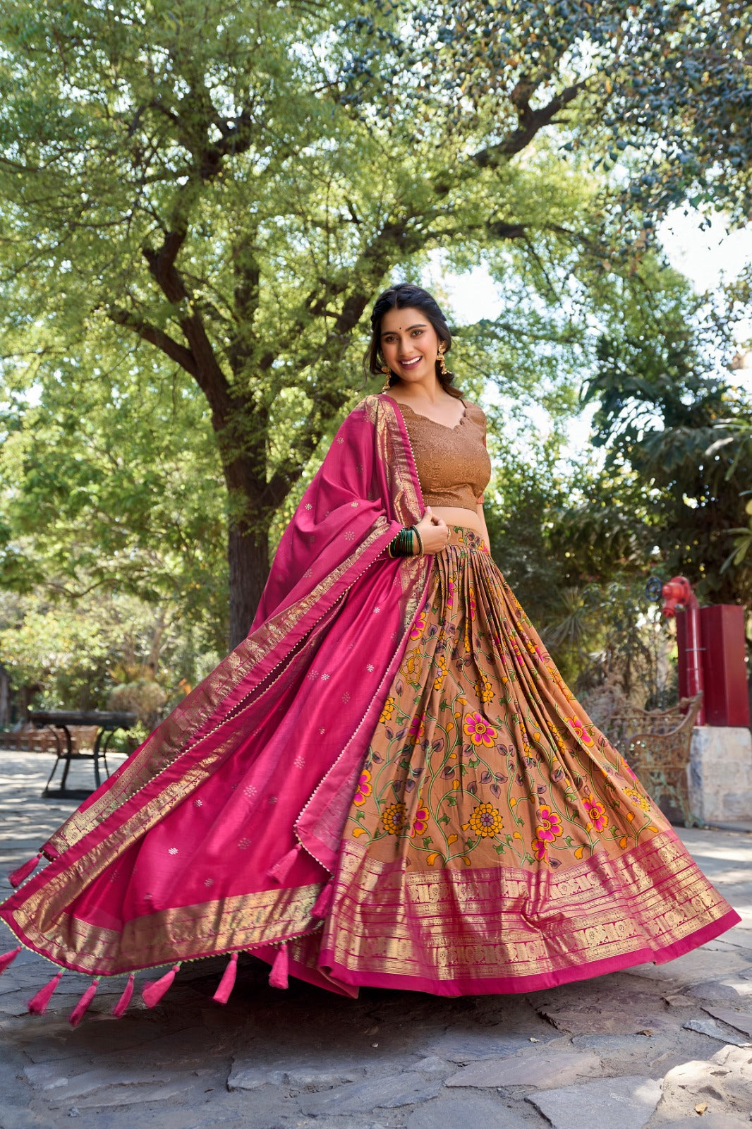 Ethereal Mustard Tussar Silk Kalamkari Printed Lehenga Choli Set - Ethnicwish