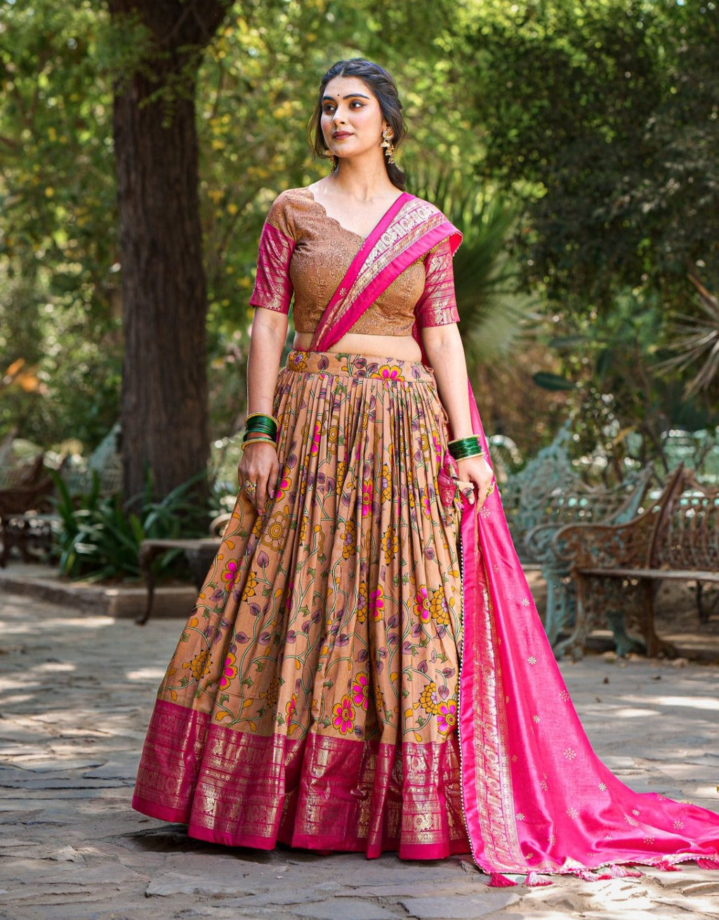 Ethereal Mustard Tussar Silk Kalamkari Printed Lehenga Choli Set - Ethnicwish