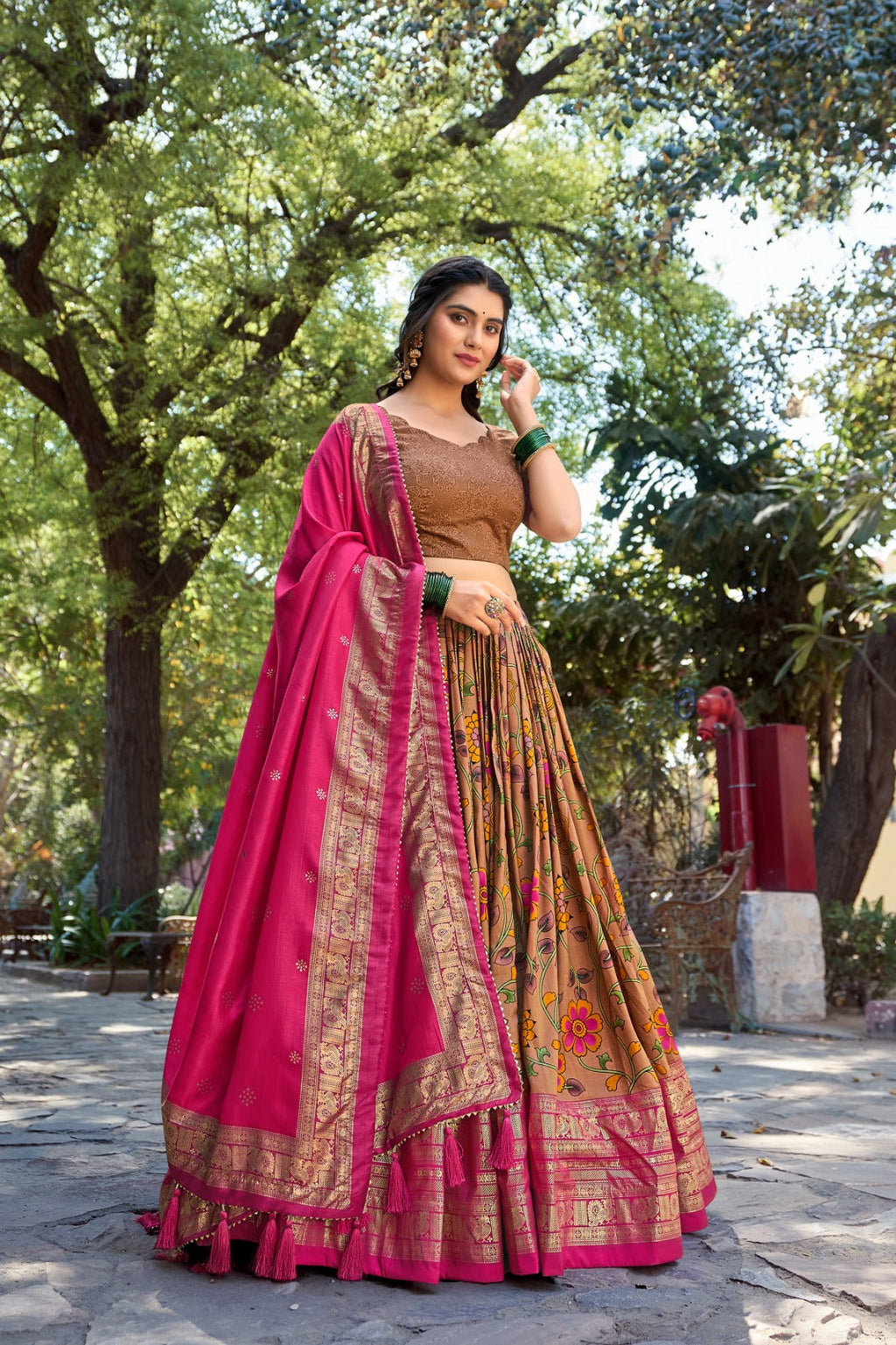 Ethereal Mustard Tussar Silk Kalamkari Printed Lehenga Choli Set - Ethnicwish