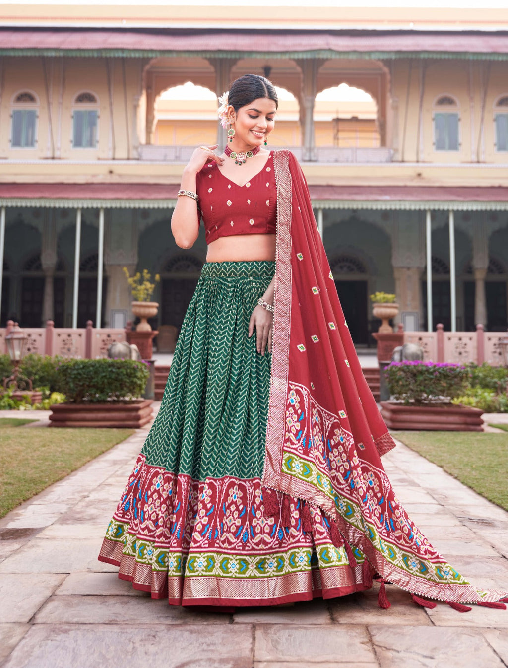 Enticing Green Tussar Silk Patola Printed Lehenga Choli Set - Ethnicwish