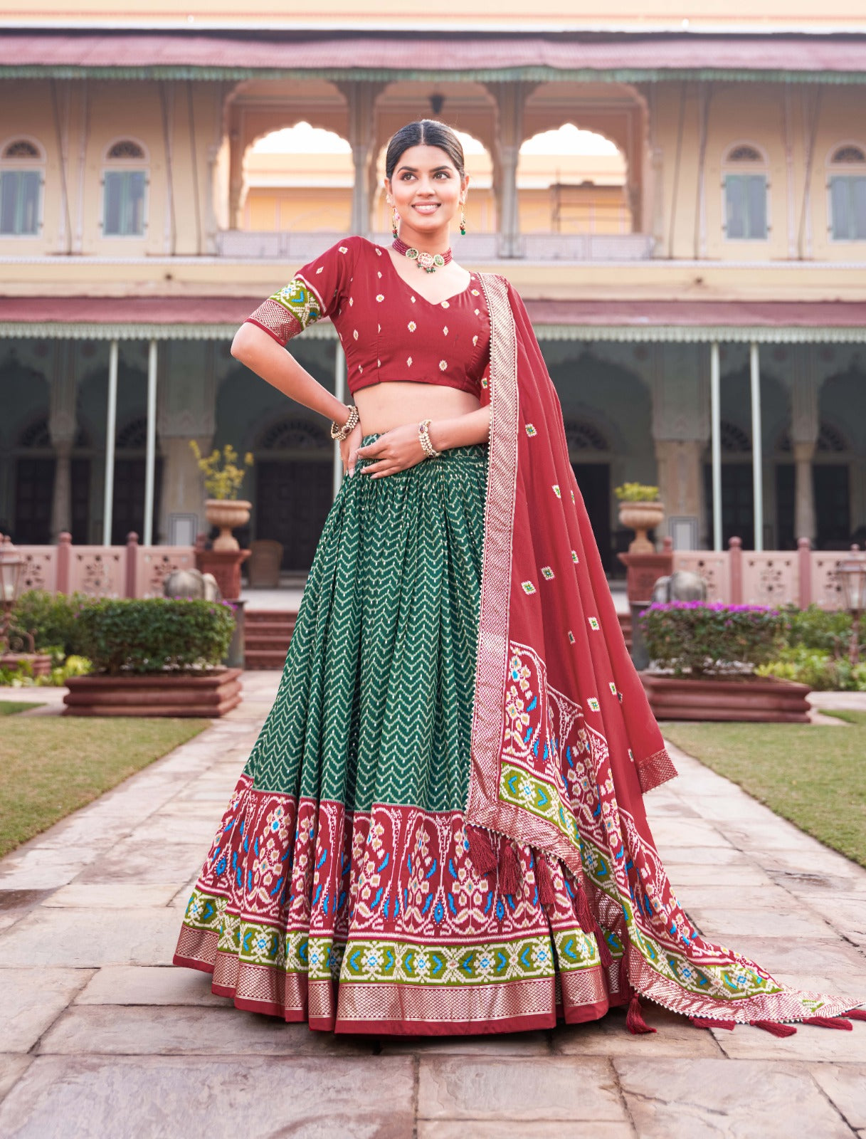 Enticing Green Tussar Silk Patola Printed Lehenga Choli Set - Ethnicwish