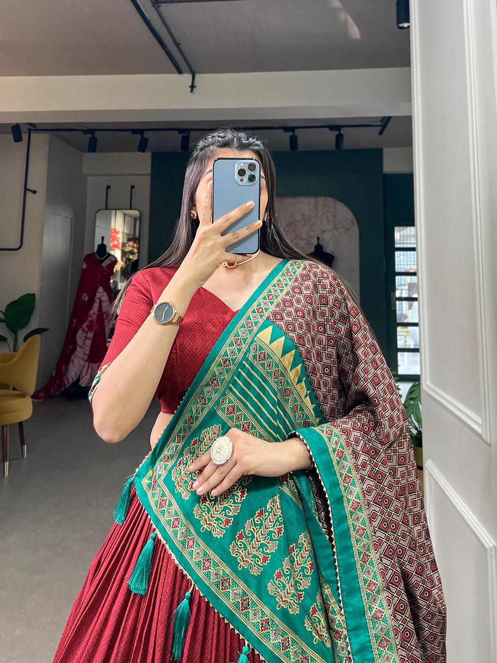 Graceful Red Tussar Silk Printed Foil Worked Lehenga Choli - Ethnicwish