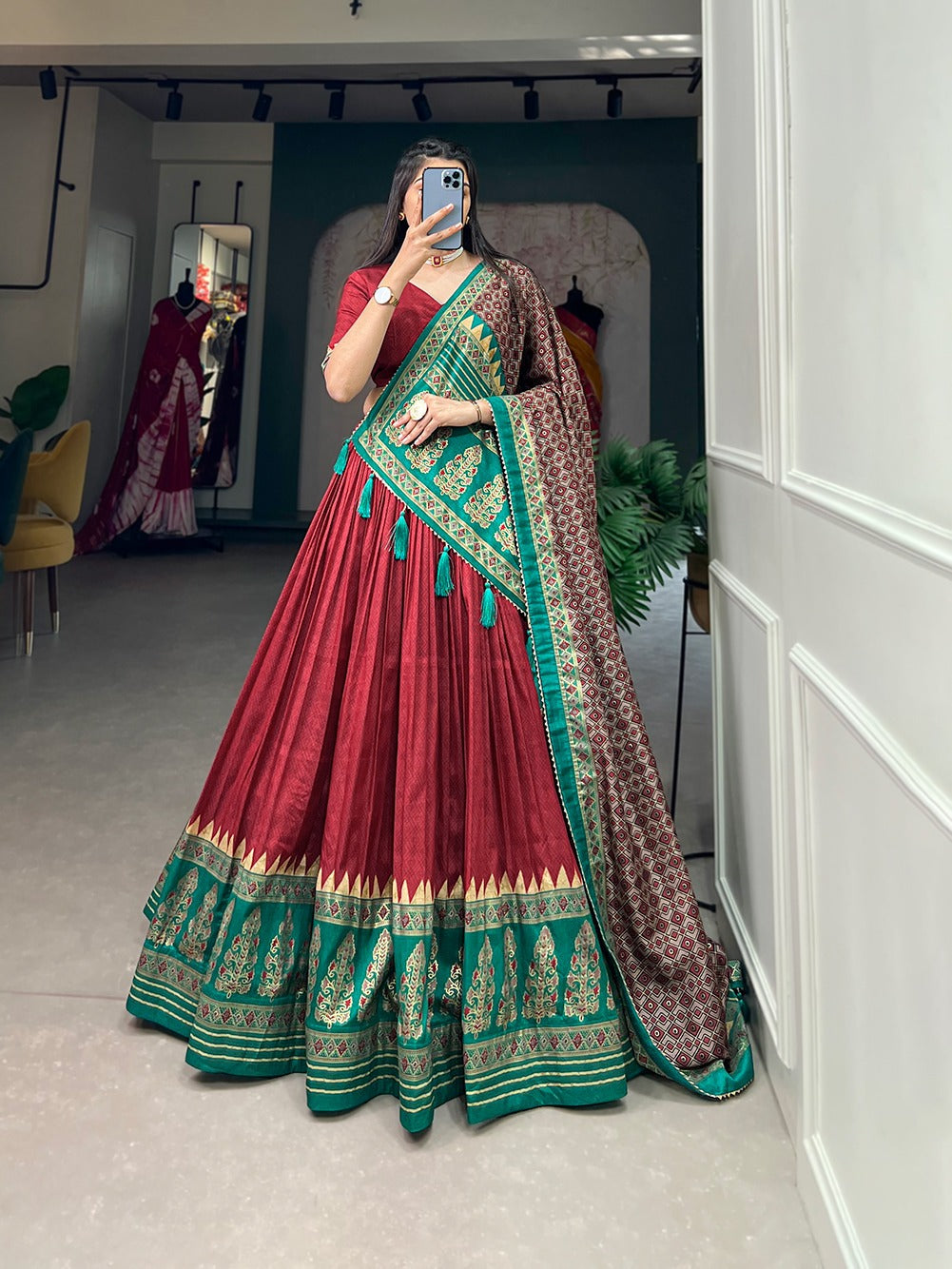 Graceful Red Tussar Silk Printed Foil Worked Lehenga Choli - Ethnicwish