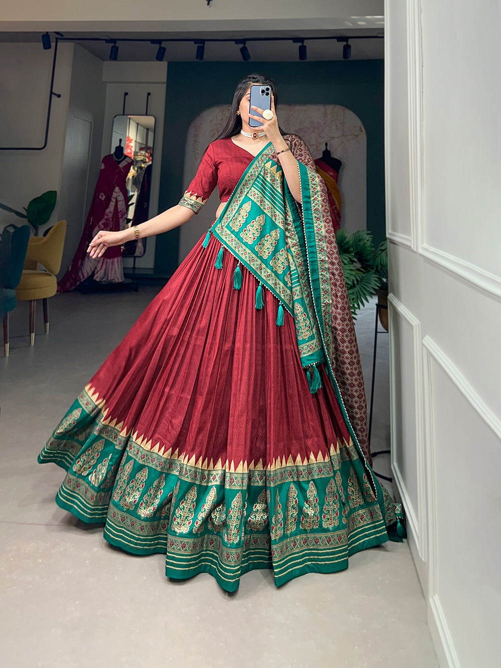Graceful Red Tussar Silk Printed Foil Worked Lehenga Choli - Ethnicwish