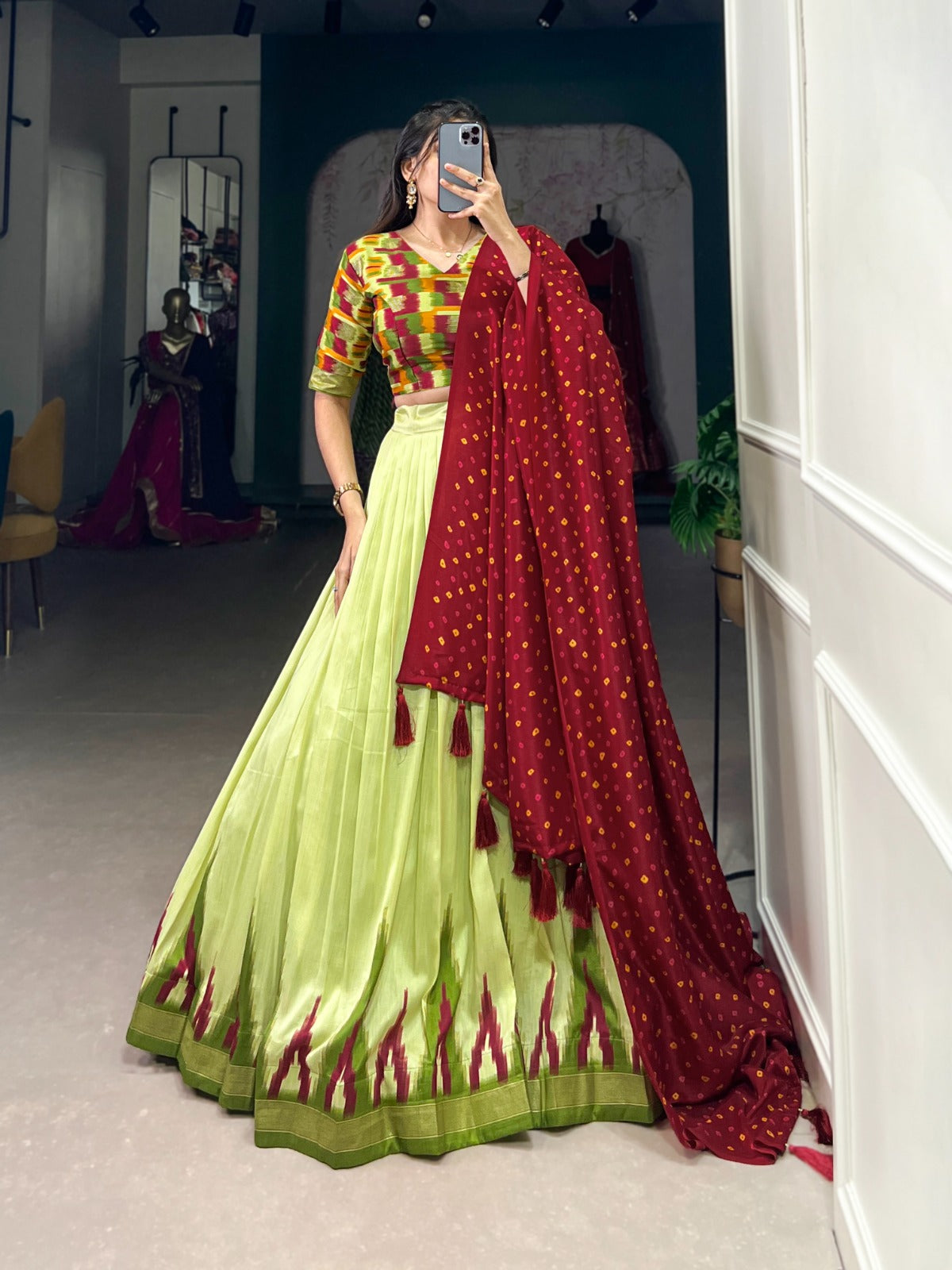 Spectacular Parrot Green Tussar Silk Fully Stitched Lehenga Choli - Ethnicwish
