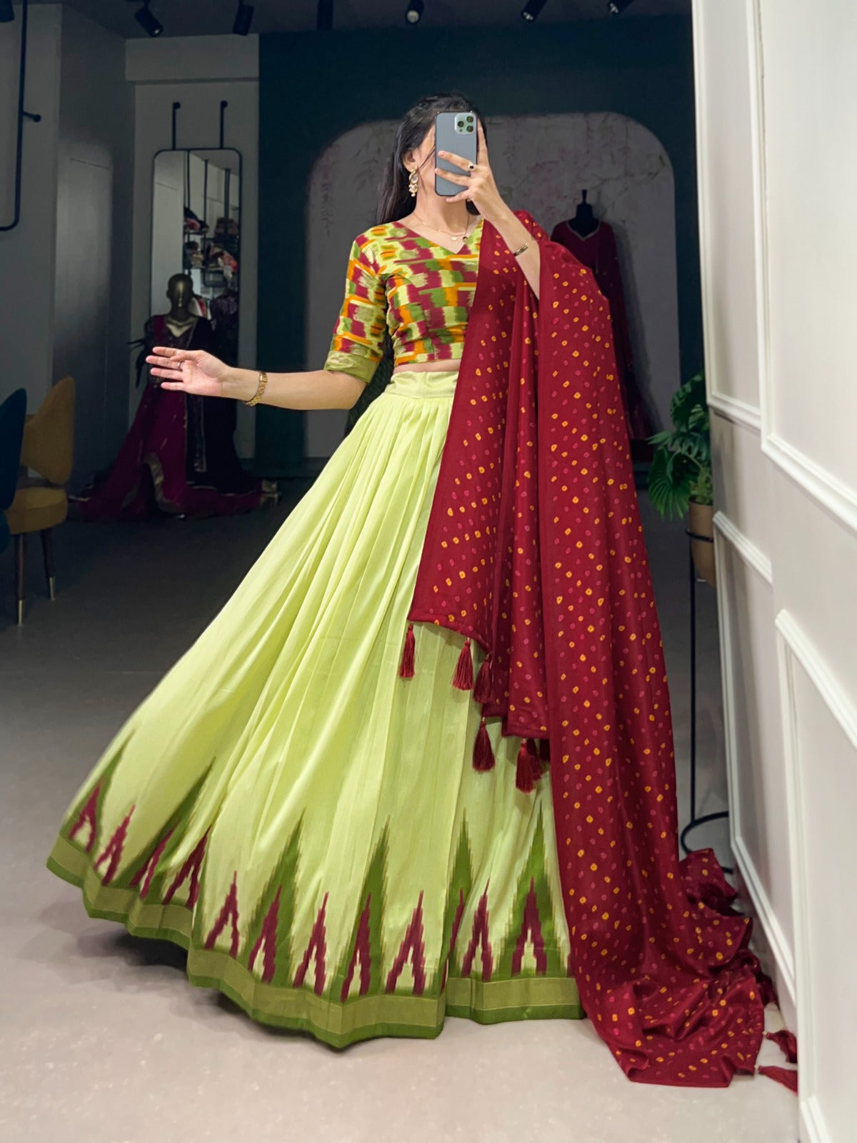 Spectacular Parrot Green Tussar Silk Fully Stitched Lehenga Choli - Ethnicwish