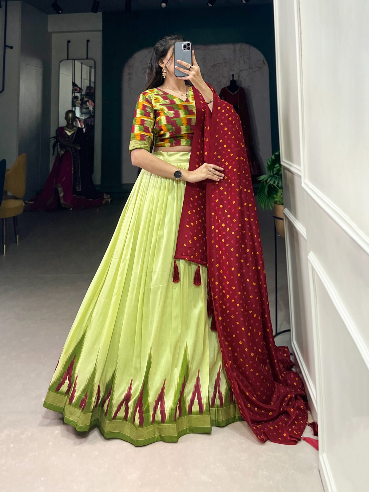 Spectacular Parrot Green Tussar Silk Fully Stitched Lehenga Choli - Ethnicwish