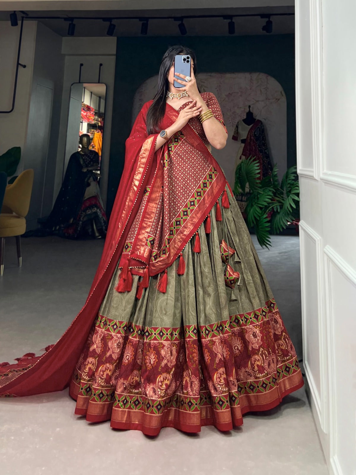 Ravishing Mehendi Green Tussar Silk Floral Printed Lehenga Choli - Ethnicwish
