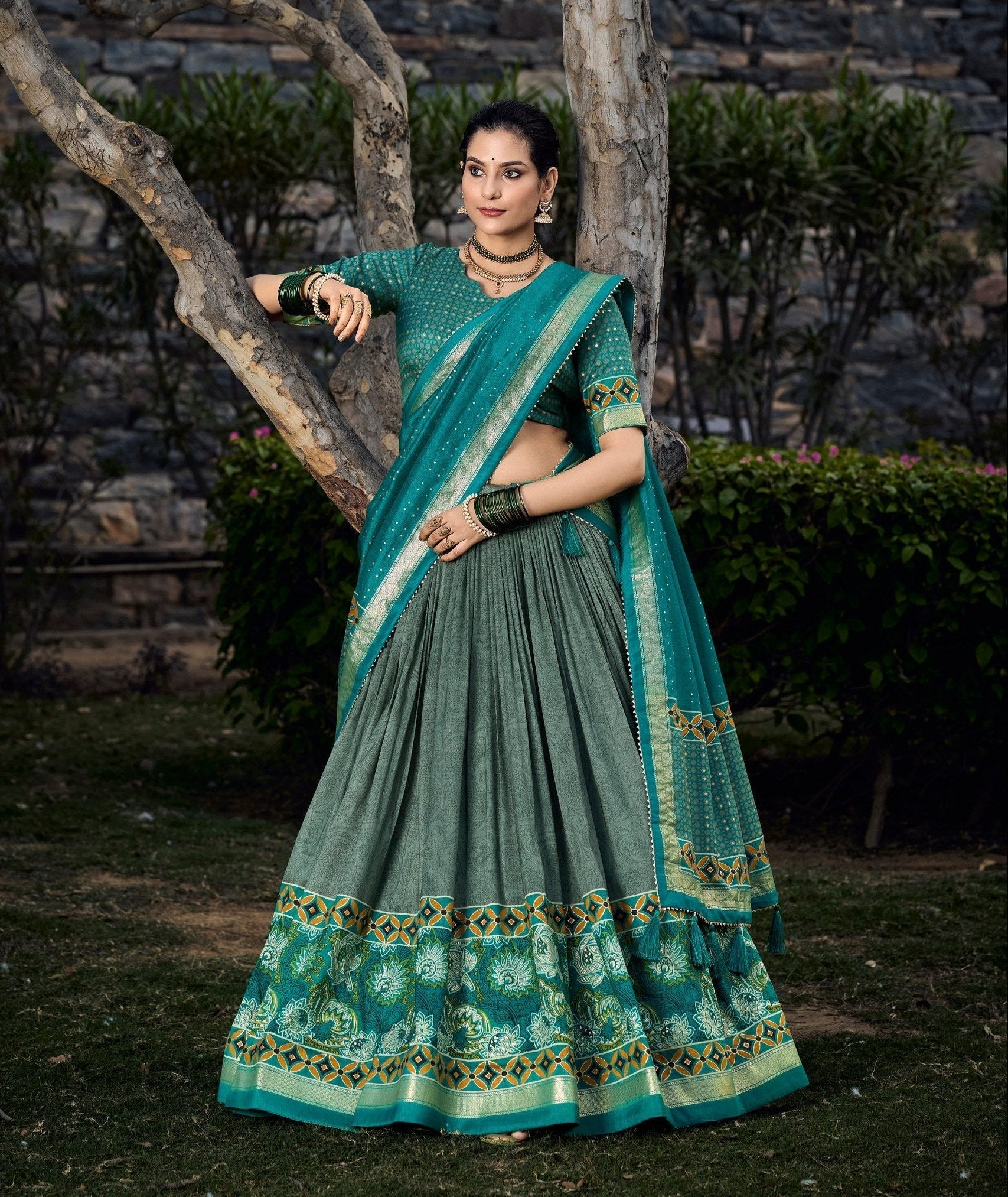 Lovely Sky Green Tussar Silk Floral Printed  Lehenga Choli - Ethnicwish