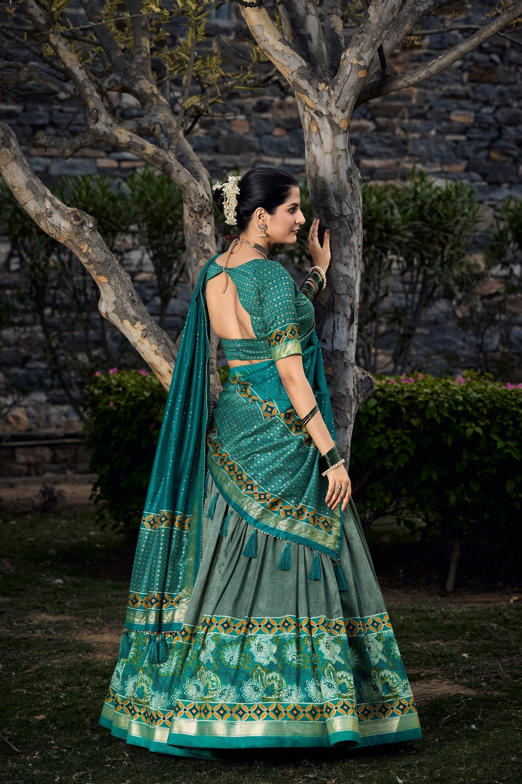 Lovely Sky Green Tussar Silk Floral Printed  Lehenga Choli - Ethnicwish
