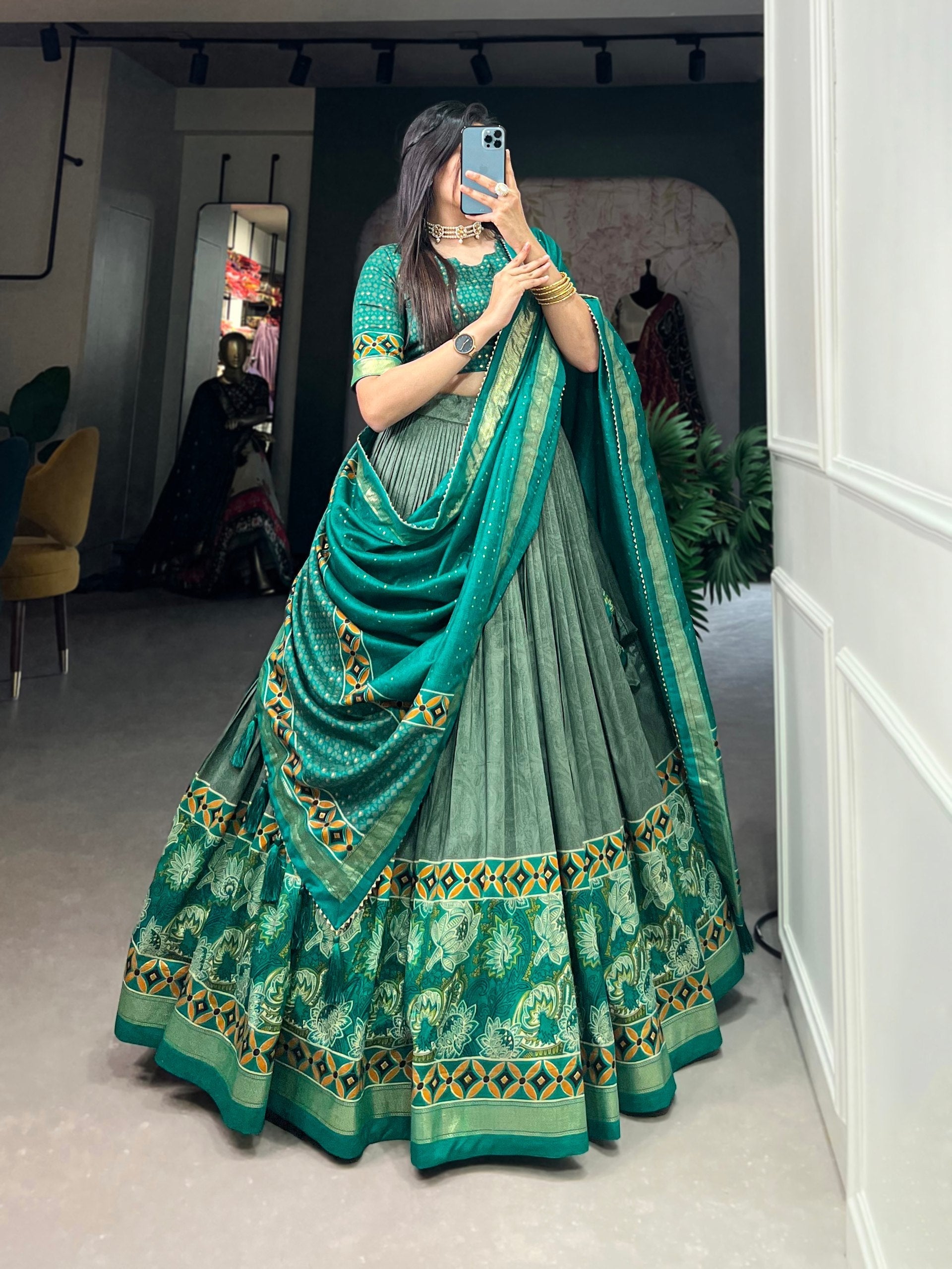 Lovely Sky Green Tussar Silk Floral Printed  Lehenga Choli - Ethnicwish