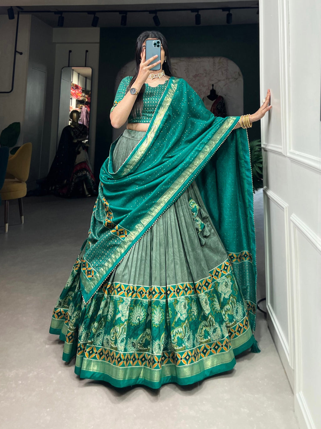 Lovely Sky Green Tussar Silk Floral Printed  Lehenga Choli - Ethnicwish