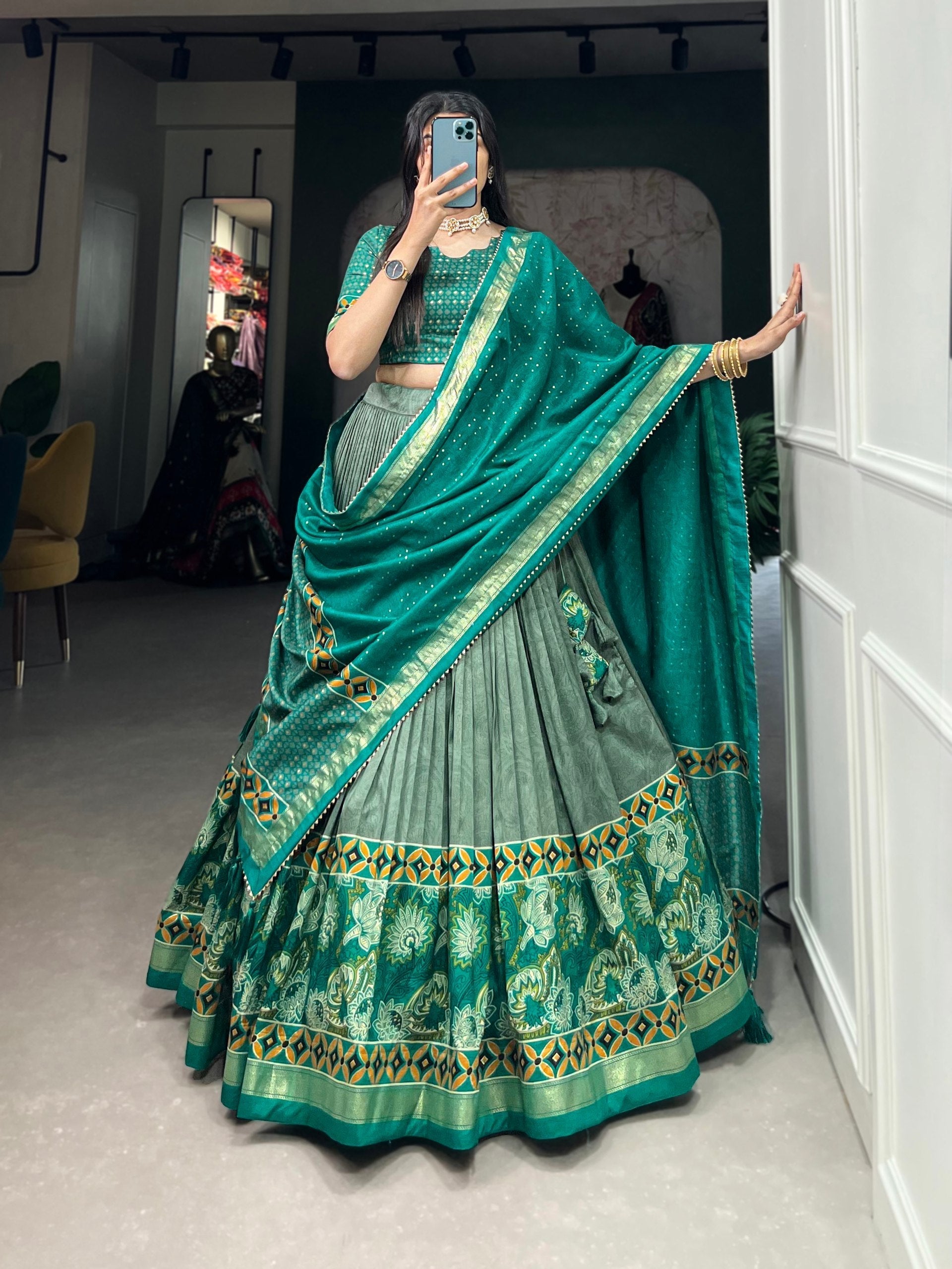 Lovely Sky Green Tussar Silk Floral Printed  Lehenga Choli - Ethnicwish