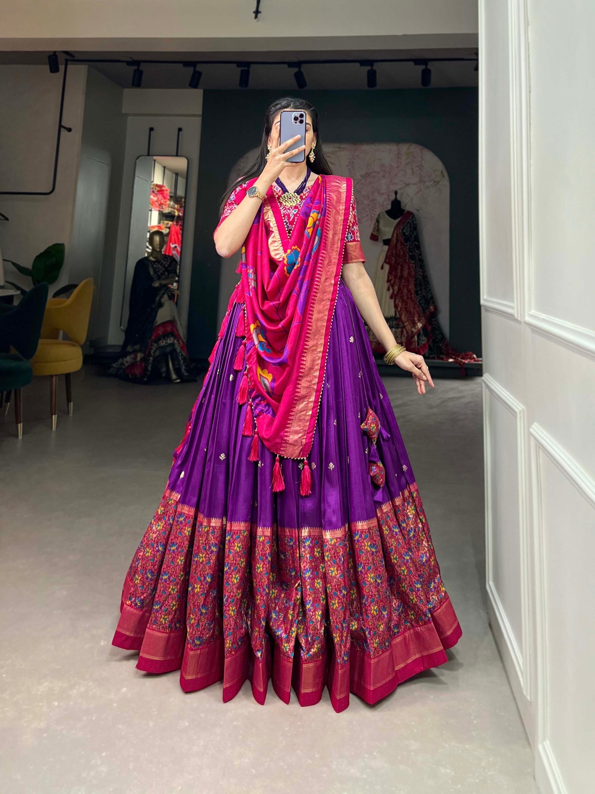 Entrancing Purple Tussar Silk Printed Foil Worked Lehenga Choli - Ethnicwish