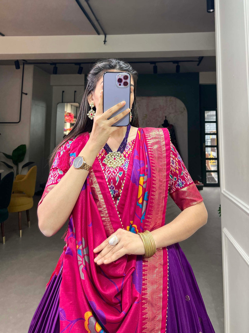 Entrancing Purple Tussar Silk Printed Foil Worked Lehenga Choli - Ethnicwish