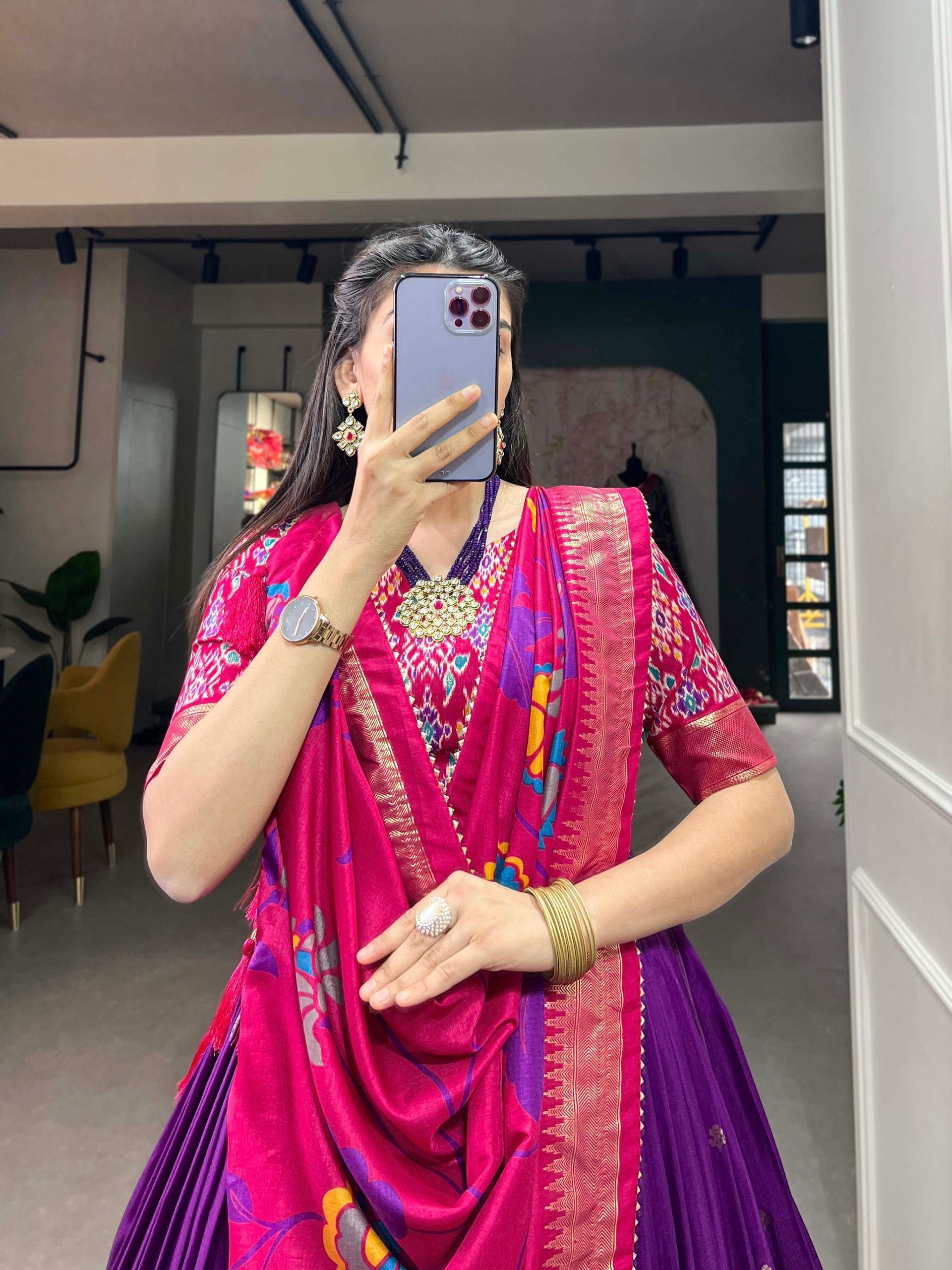 Entrancing Purple Tussar Silk Printed Foil Worked Lehenga Choli - Ethnicwish