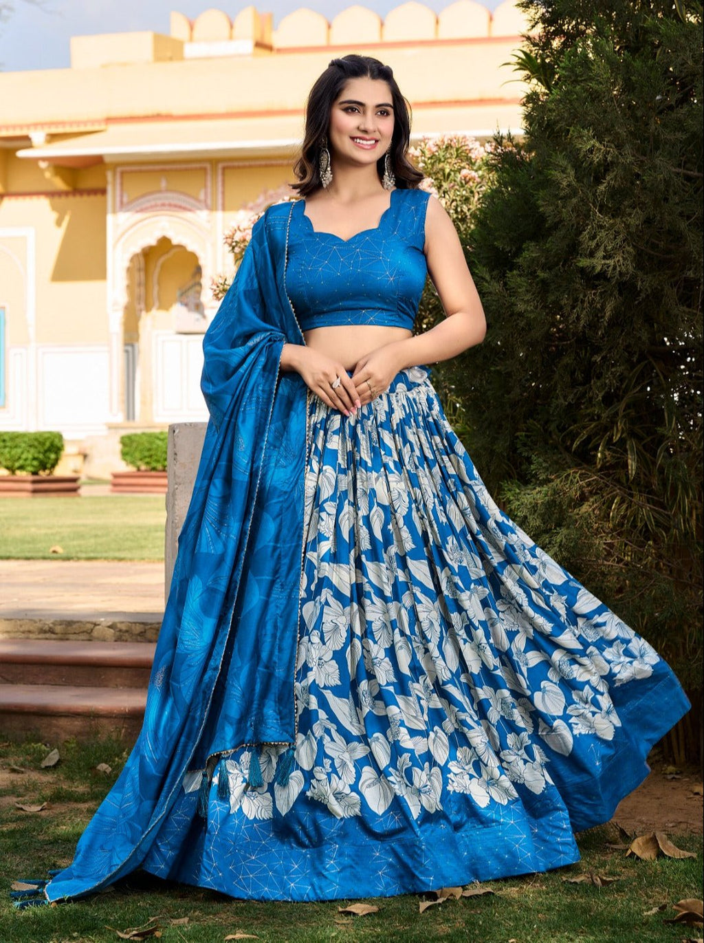 Comely Royal Blue Tussar Silk Floral Printed Lehenga Choli Set - Ethnicwish