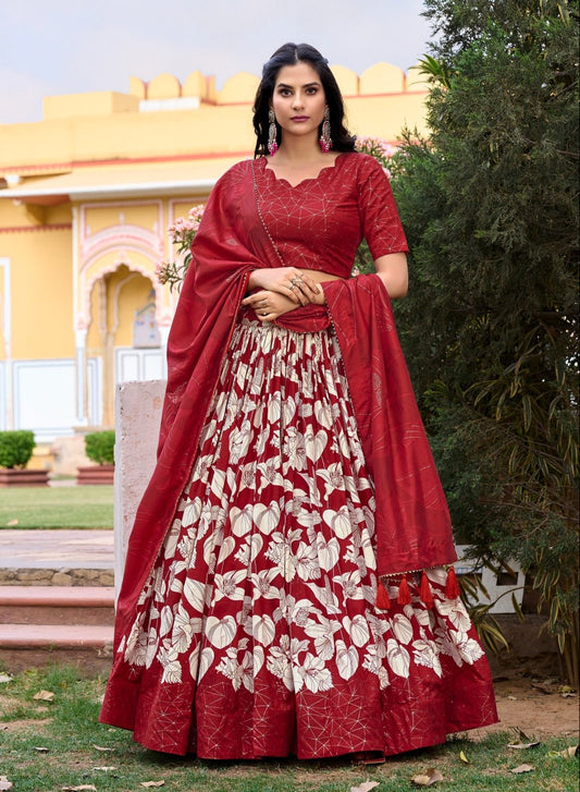Radiant Red Tussar Silk Floral Printed Lehenga Choli Set - Ethnicwish