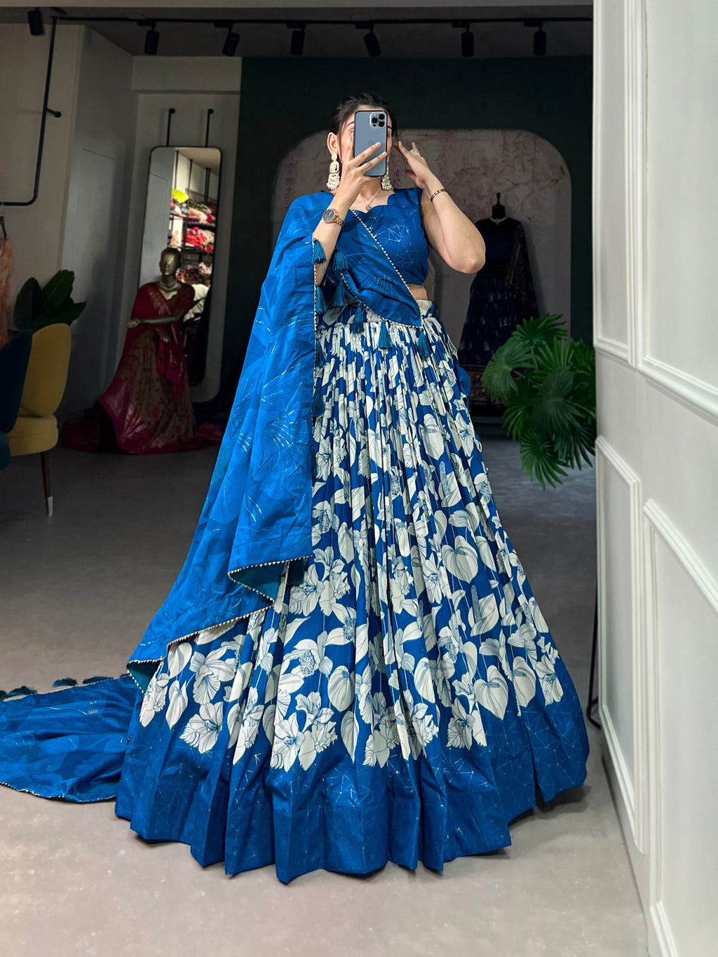 Comely Royal Blue Tussar Silk Floral Printed Lehenga Choli Set - Ethnicwish