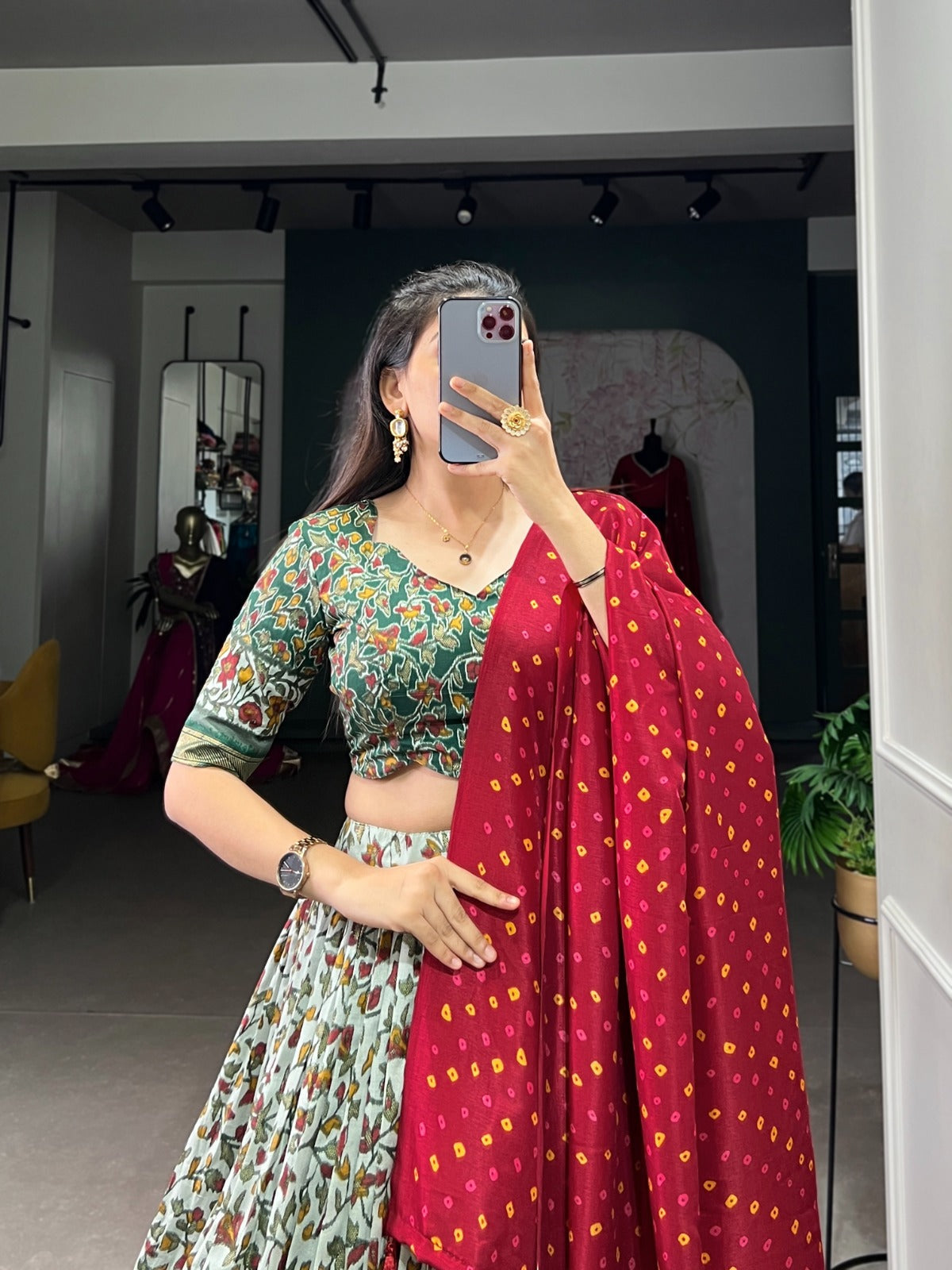 Luminous Green Tussar Silk Floral Printed Lehenga Choli - Ethnicwish