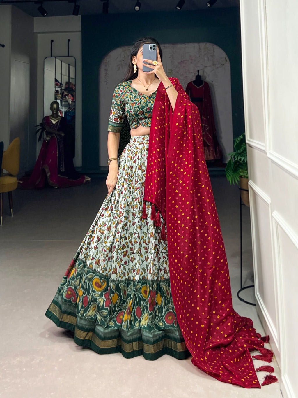 Luminous Green Tussar Silk Floral Printed Lehenga Choli - Ethnicwish