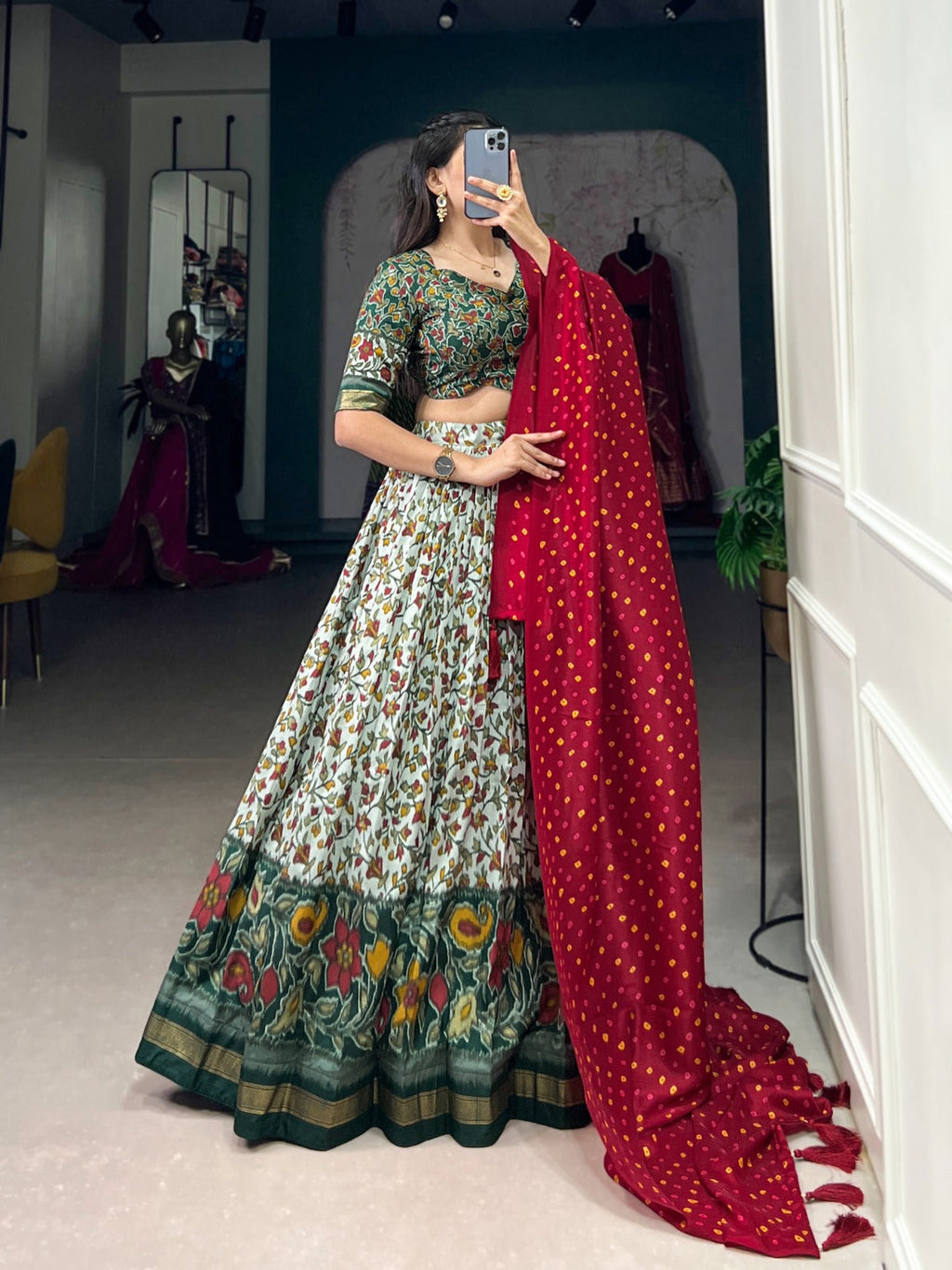 Luminous Green Tussar Silk Floral Printed Lehenga Choli - Ethnicwish