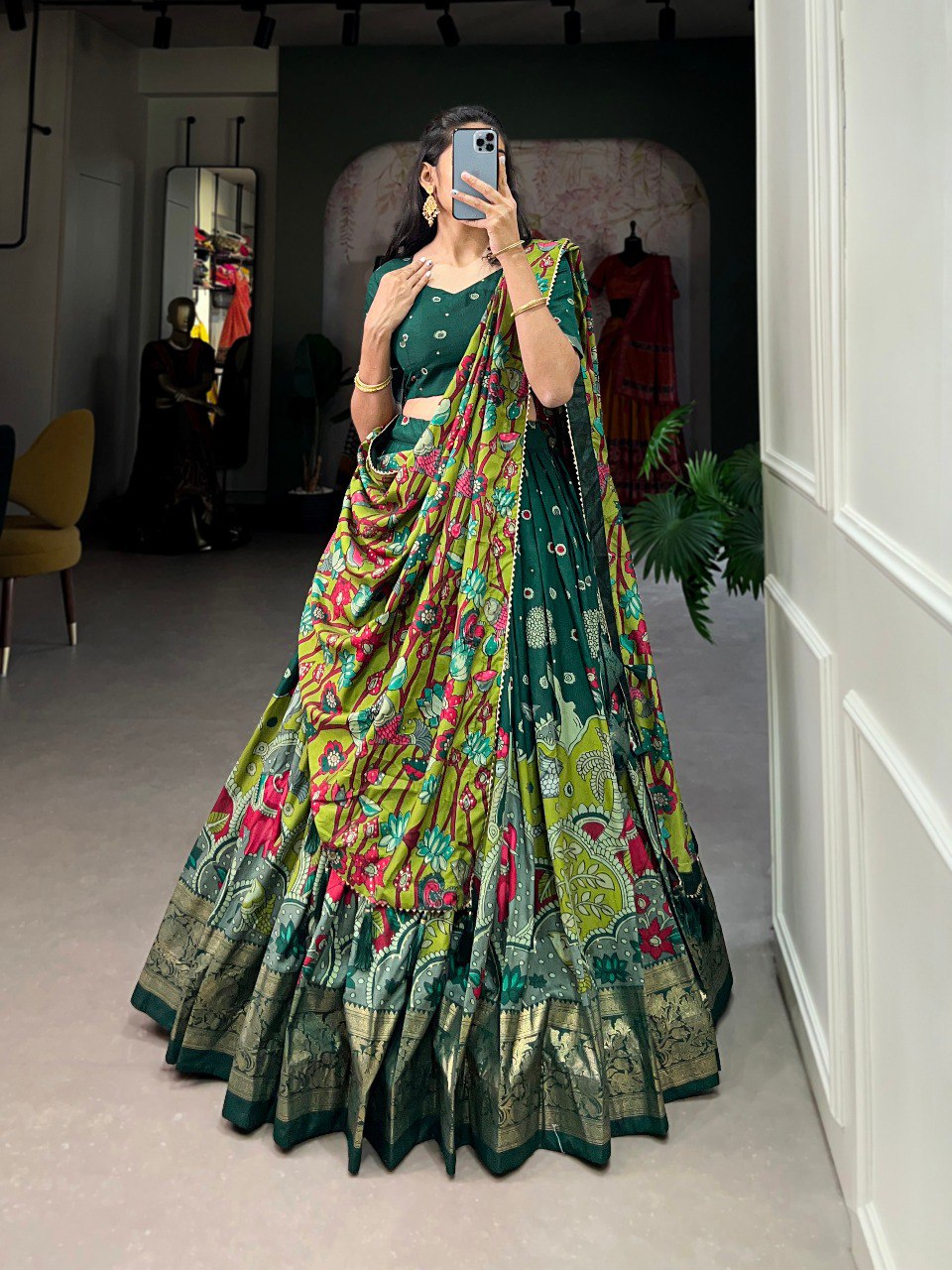 Stunning Tussar Silk Kalamkari Printed Foil Worked Lehenga Choli - Ethnicwish