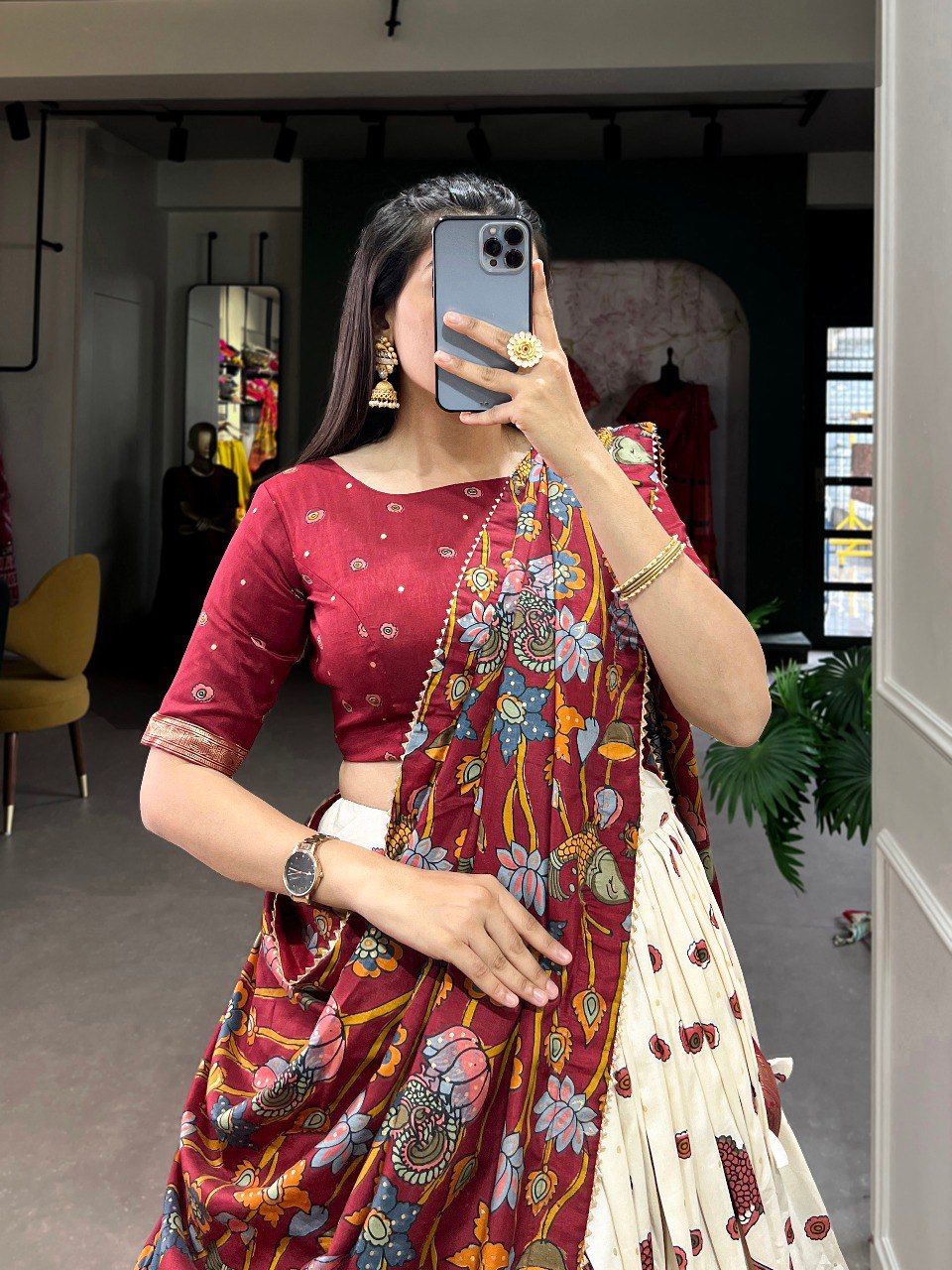 Stunning Tussar Silk Kalamkari Printed Foil Worked Lehenga Choli - Ethnicwish