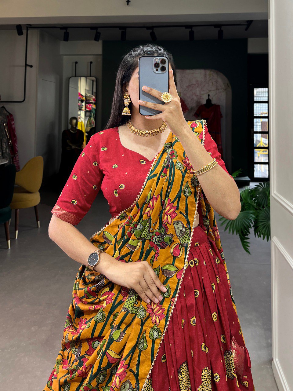 Stunning Tussar Silk Kalamkari Printed Foil Worked Lehenga Choli - Ethnicwish