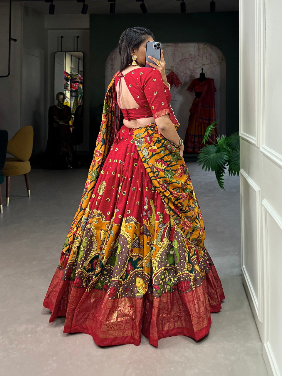 Stunning Tussar Silk Kalamkari Printed Foil Worked Lehenga Choli - Ethnicwish