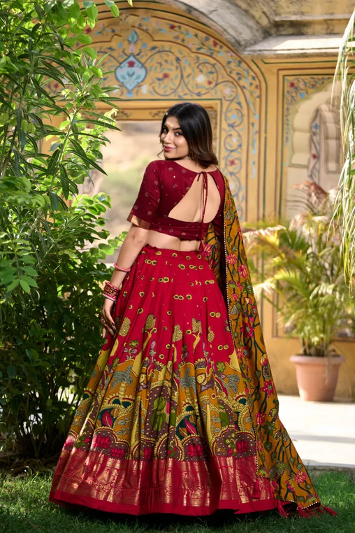 Stunning Tussar Silk Kalamkari Printed Foil Worked Lehenga Choli - Ethnicwish