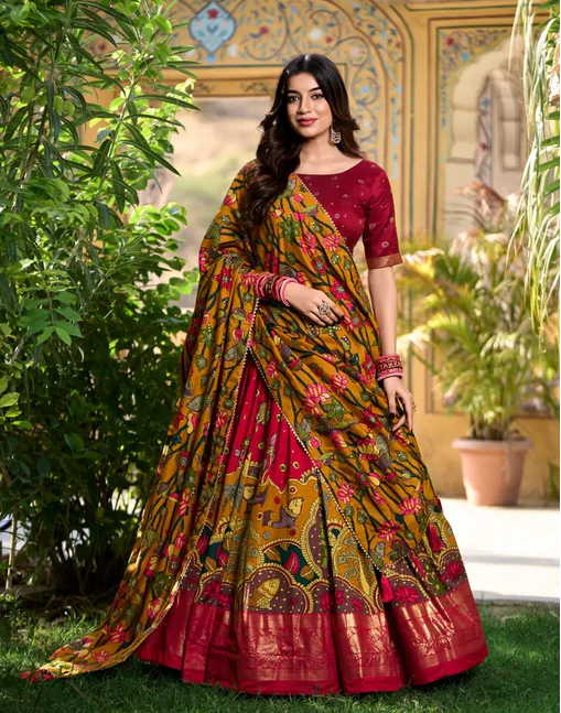 Stunning Tussar Silk Kalamkari Printed Foil Worked Lehenga Choli - Ethnicwish
