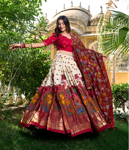 Stunning Tussar Silk Kalamkari Printed Foil Worked Lehenga Choli - Ethnicwish