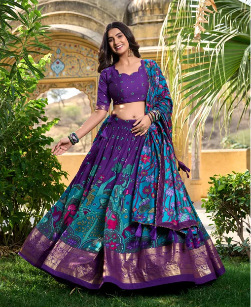 Stunning Tussar Silk Kalamkari Printed Foil Worked Lehenga Choli - Ethnicwish