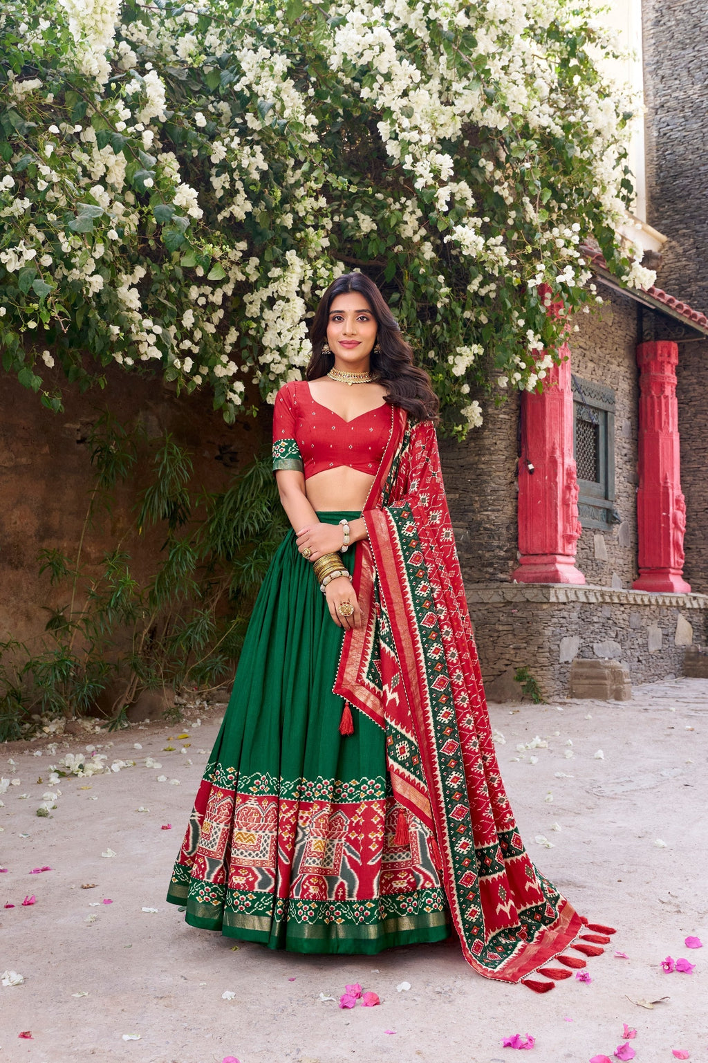 Enchanting Tussar Silk Patola Printed Lehenga Choli Set - ETHNICDEAL