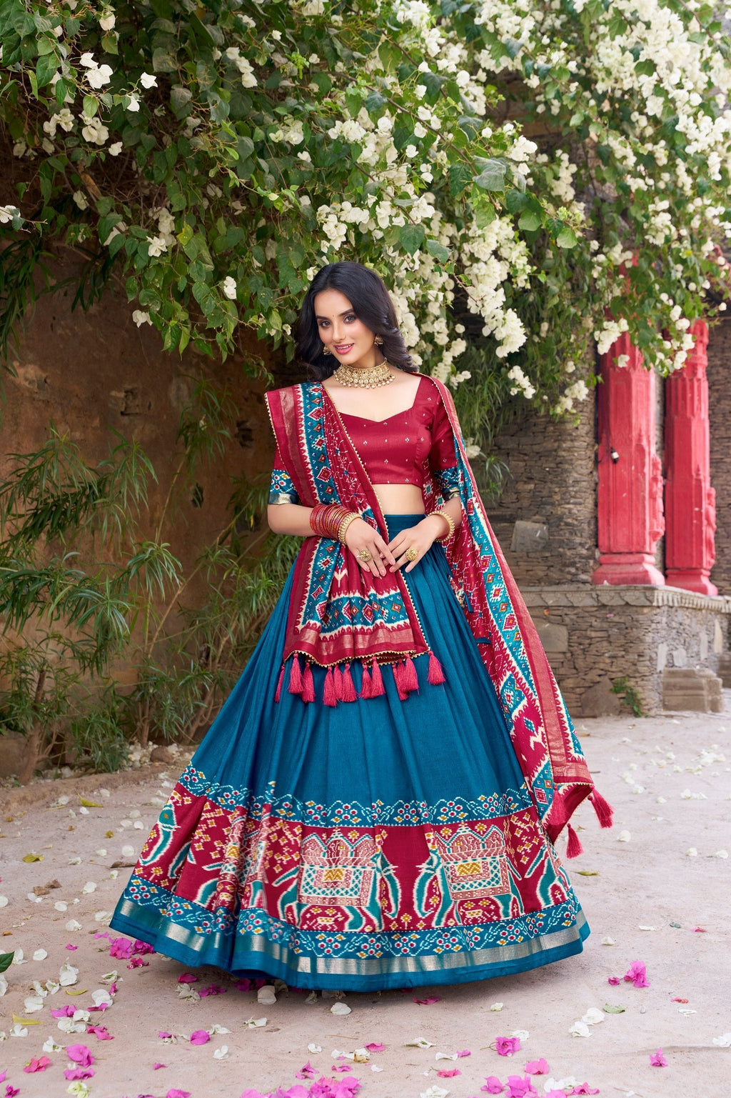 Enchanting Tussar Silk Patola Printed Lehenga Choli Set - ETHNICDEAL