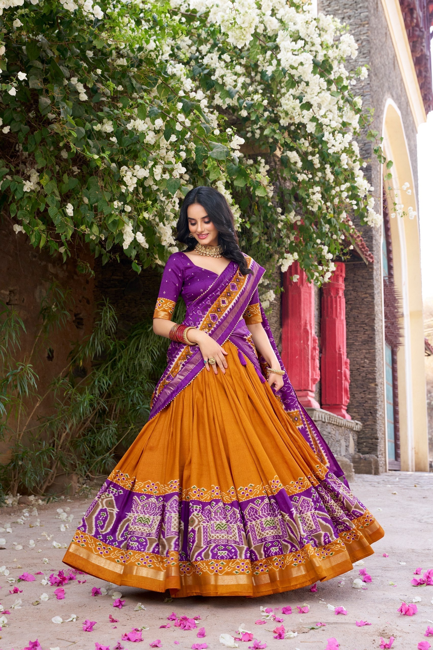 Enchanting Tussar Silk Patola Printed Lehenga Choli Set - ETHNICDEAL