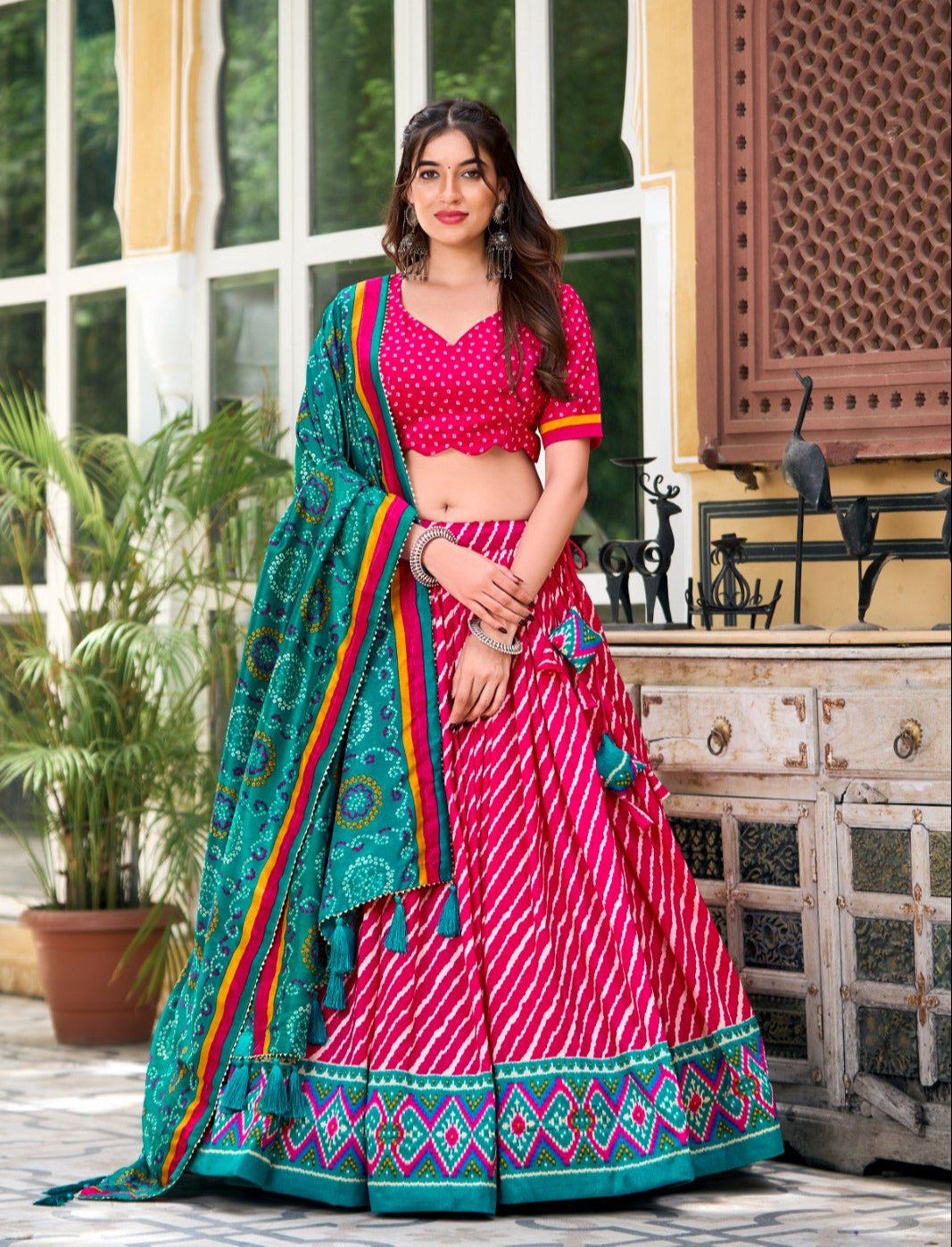 Leheriya With Patola Printed Tussar Silk  Lehenga Choli Set - Ethnicwish